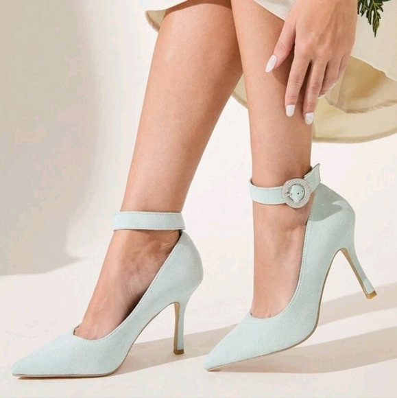 Women's Pointed Toe Studded Buckle Ankle Strap High Heels, Elegant - Picture 4 of 5